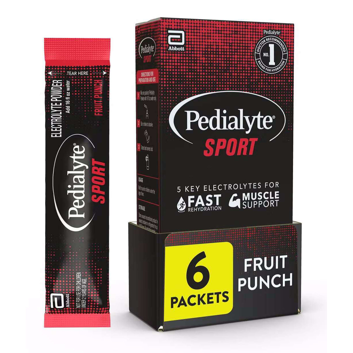 Pedialyte Sport Fruit Punch powder packets carton